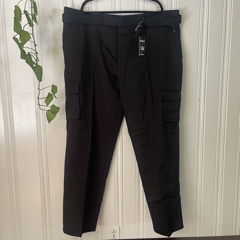 O.S.C. Company Men Black Multi-Tier Side Pockets Cargo Pants Size 50 NWT & Belt